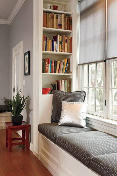 window seat and bookcase #hhi #henriettaheisler #livingroom #design #interiordesign #benchseating #bench #accent #different #bookshelving #shelving #books #quietearea #windows #pillows #wood #contemporary #white #blue #solution Window Bed With Bookshelves, Window Seat Shelving, Bookcase Next To Window, Ottoman Window Seat, Window Bench Seat With Bookshelves, Bookshelf Bench Under Window, Extension Window Seat, Window Seat Built In Bookcase, Loft Window Seat