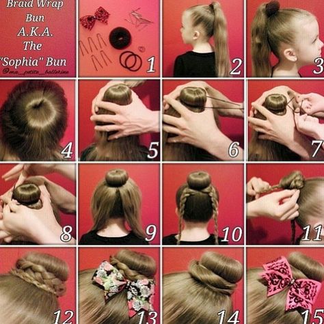 sophia Lucia's bun love hair donutssss!!! Braided Ballerina Bun, Hair Doughnut Bun, Bun Toturial, Tinker Bell Bun, Bun With Donut, Wrap Braids, Hair Bun Donut, Donut Hair Bun, Sock Bun Hairstyles