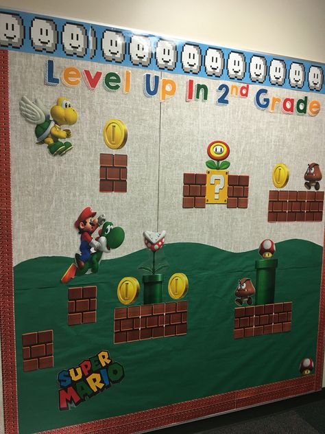 Mario Kart Bulletin Board, Level Up Bulletin Board Ideas, Mario Classroom Theme, Mario Bulletin Board, Stations Classroom, Up Bulletin Board, Data Boards, Mario Day, Board Game Themes