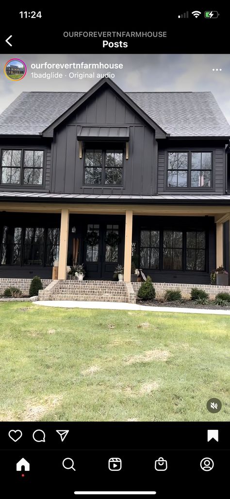 Black House With Brick Exterior, Black And Brick House Exterior, Black Brick House, Brick House Exterior Makeover, Painted Brick Exteriors, Brick Homes, Brick Face, Painted Brick House, Brick Paneling