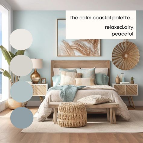 Calm Coastal Benjamin Moore Paint Palette - Modern Neutral Interior Pa – Millie Hart Interiors Behr Coastal Paint, Coastal Wall Colors Lowe's, Trending Paint Colors For 2022 Behr, Neutral Master Bed Paint, Best Paint Color For Spa Bathroom, Moonlit Beach Behr Bedroom, Behr Ocean Colors, Behr Coastal Paint Palette, Popular Paint Colors 2022 Living Room Behr