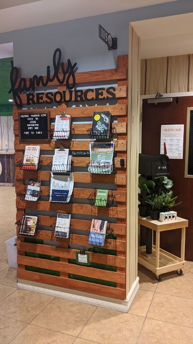 Family Resources Wall Parent Resource Center Schools, Pastors Office Ideas, School Admin Office Decor, School Conference Room Design, Resource Wall Ideas, Parent Liaison Office Ideas, Children’s Ministry Church Decor, Family Resource Center Ideas, Church Library Ideas