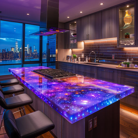 ILLUMINATED RESIGN GALAXY COUNTERTOP # DECOR # DECOR IDEAS # KITCHEN # COUNTER TOPS # DECOR CONCEPTS Galaxy Countertop, Neon Kitchen, Decor Ideas Kitchen, Space Kitchen, Countertop Decor, Dream Life House, Counter Tops, Kitchen Designs, Ideas Kitchen