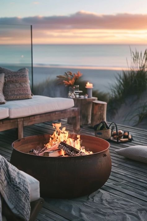 A charming beach fire pit set up for sunset gatherings, featuring cozy seating and soothing ocean waves, perfect for creating unforgettable moments. Costal Restaurant, Beach Bonfire Ideas, Fire Pit Safety, Beach Fire Pit, Diy Fire Pits, Fire Pit Seating Area, Beach Fire, Balcony Bar, Tabletop Firepit