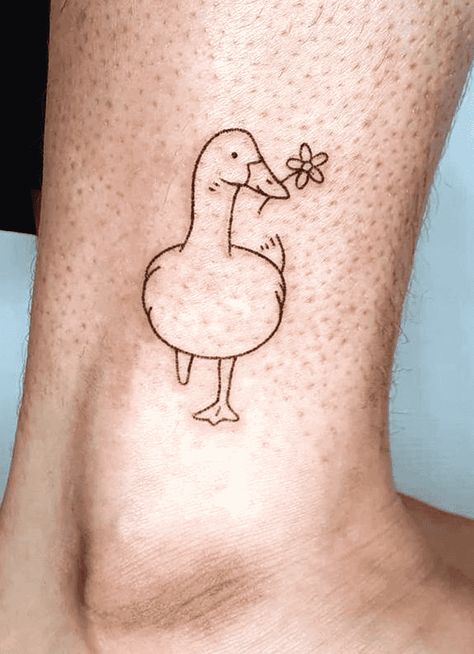 Goose Tattoo Design Images (Goose Ink Design Ideas) Goose Doodle Tattoo, Goose Fine Line Tattoo, Silly Goose Tattoo Matching, Minimalist Goose Tattoo, Cartoon Goose Tattoo, Goose Line Tattoo, Goose Tatoos, Matching Goose Tattoos, Goose Outline Tattoo