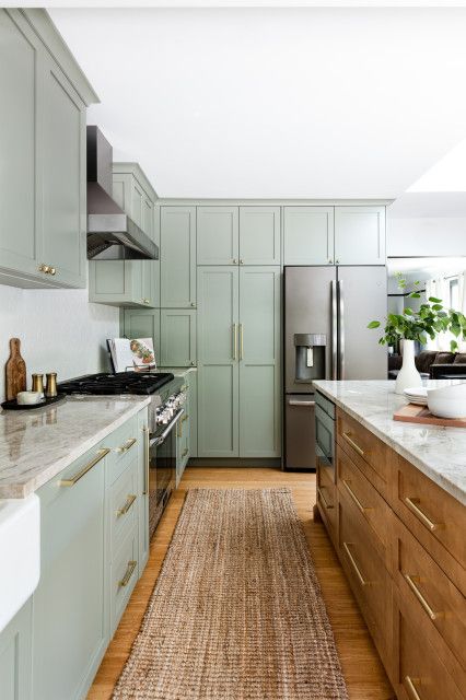 Kitchen of the Week: Soft Green Cabinets and a Wood Island Soft Green Kitchen, Light Green Kitchen, Green Kitchen Island, Sage Kitchen, Sage Green Kitchen, Craftsman Kitchen, Green Kitchen Cabinets, Wood Kitchen Cabinets, Green Cabinets