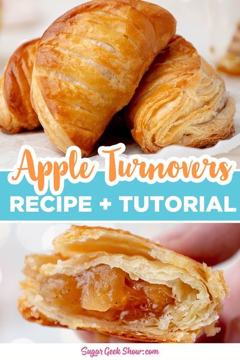 This apple turnover recipe is made with homemade rough puff pastry dough and a sweet crisp apple filling with added notes of honey and vanilla. These buttery, melt-in-your-mouth flaky pastries have the same texture as freshly made croissants. #appleturnovers #turnovers #apple #breakfast #patries Apple Turnovers With Puff Pastry, Food Ideas Desserts, Apple Turnover Recipe, Rough Puff, Apple Turnover, Rough Puff Pastry, Sugar Geek, Turnover Recipes, Apple Puff Pastry