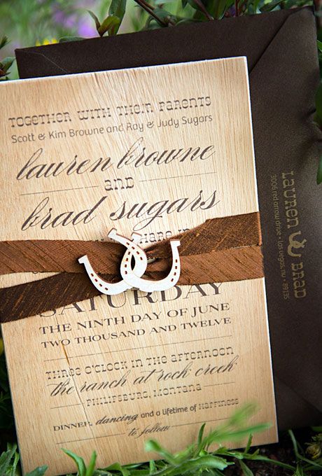 our country chic invites on brides.com!  //  Brides.com: A Sophisticated Ranch Wedding in Philipsburg, Montana. Wedding invitations featured the Western-themed horseshoe decor as well. Cowboy Wedding Invitations, Western Wedding Invitations, Western Themed Wedding, Cowgirl Wedding, Cowboy Wedding, Summer Wedding Invitations, Summer Bride, Western Parties, Boda Mexicana