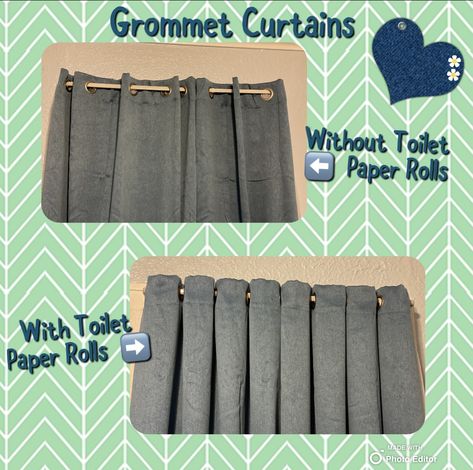 Roll Up Curtains Diy How To Make, Paper Towel Roll Curtain Hack, Toilet Paper Roll Curtain Hack, Toilet Paper Roll Curtain Spacers, How To Hang Tab Top Curtains, Toilet Paper Roll Hack For Curtains, Toilet Paper Rolls, The Curtain, Paper Rolls