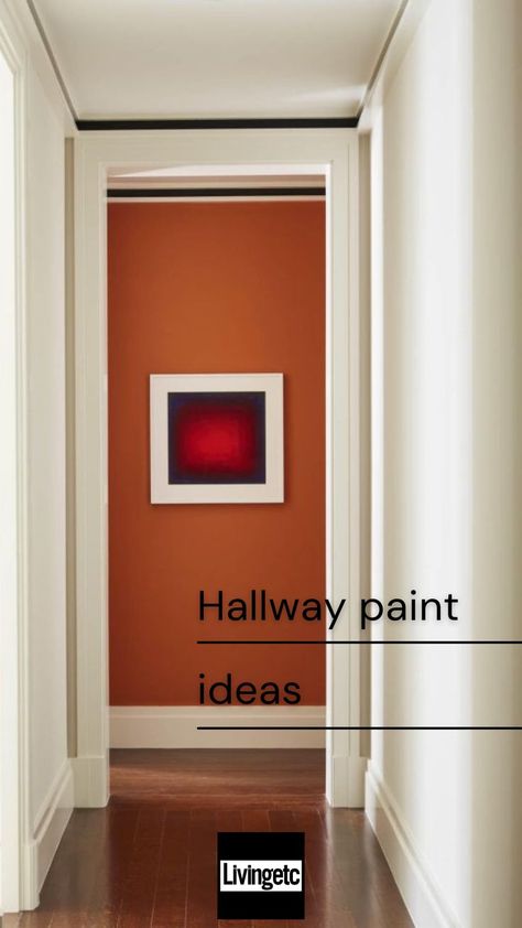 Our hallway paint ideas from the experts will create a brilliant first impression in your home #hallway #homedesign #colorschemes Colourful Narrow Hallway Ideas, Narrow Hallway Colour Ideas, High Hallway Ideas, Creative Hallway Ideas, Corridor Painting Ideas, Rust Hallway Ideas, Bright Small Hallway Ideas, Bold Hallway Paint Colors, Rust Hallway