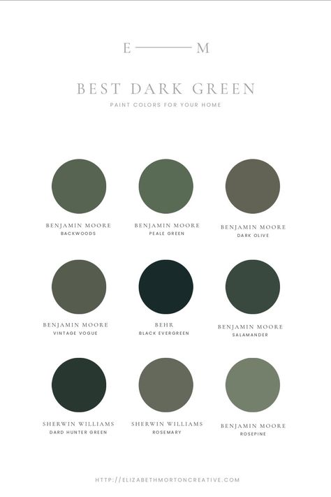 In 2020, deep, saturated colors are showing up in the home. One-color that we cannot get enough of this year is green! Not only is it on our radar, but green seems to be on everyone’s mind. One question that I get asked a lot is what is your favorite dark green paint color? We are rounding up the BEST dark green paint colors just for you. Keep reading to see which dark greens we love right now. They are sure to take your space from drab to fab! Behr Hunter Green Paint, Wherein Williams Green Paint Colors, Dark Green Paint Color Palette, Green Paint White Trim, Dark Black Green Paint, Best Forest Green Paint Colors, Deep Green Painted Furniture, Dark Green Room Color, Favorite Green Paint Colors