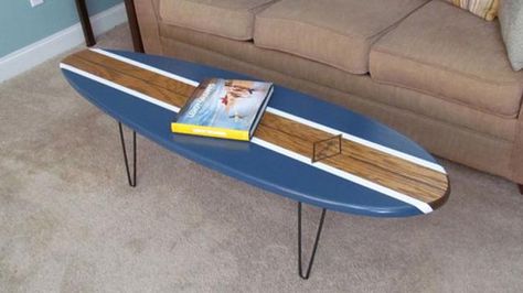 Surfboard Tables, Unique Furniture Items Bringing Beach Fun into Homes Diy Surfboard, Decoration Surf, Skateboard Furniture, Surfboard Table, Surfboard Coffee Table, Coffee Table Stand, Wood Surfboard, Surfboard Decor, Surf Decor