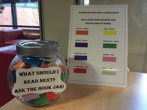 What should I read next? Ask the ‘Book Jar’……. Book Jar, Passive Programming Library, Reading For Pleasure, Sciences Po Paris, Passive Programs, Library Lesson Plans, School Library Displays, Library Media Specialist, Reading Bulletin Boards