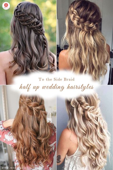 28 Captivating Half Up Half Down Wedding Hairstyles---to the side braid hairstyle for long hair or medium length of shoulder length Side Braid Wedding, Braided Half Up Half Down Hair, Bridal Hair Half Up, Half Up Wedding Hair, Wedding Hair Half, Half Up Half Down Wedding, Half Up Half Down Hair Prom, Wedding Hairstyles Medium Length, Side Braid Hairstyles