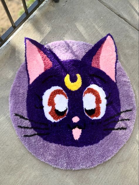 Tufted rug | sailor moon | rugs | Moon Rug, Tufting Rug, Tufting Ideas, Needle Punching, Sailor Moon Cat, Punch Needling, Rug Tufting, Cat Rug, Carpet Ideas