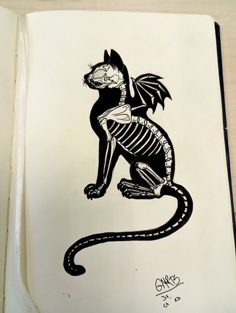 Cat Skeleton Sitting, Skeleton Cat Drawing, Cat Skeleton Drawing, Skeleton Cat Tattoo, Three Headed Cat, Black Cat Drawing, Skeleton Cat, Tiny Canvas, Cat Outline