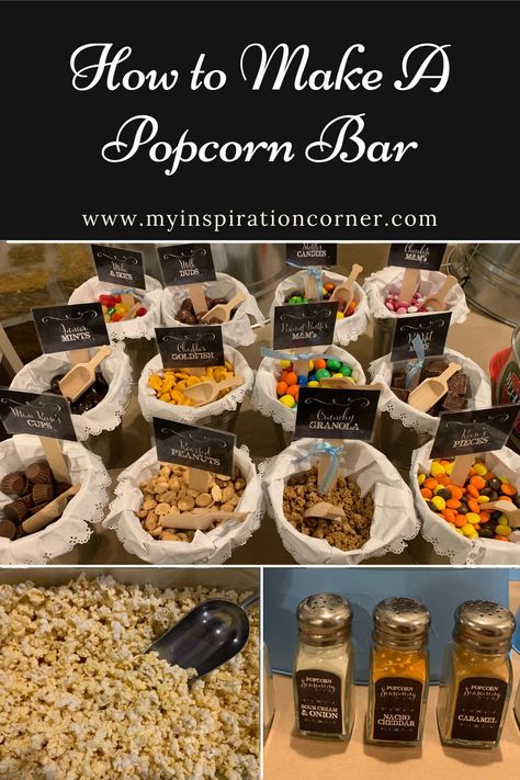 Snack Bar Display Ideas, How To Make Popcorn To Sell, Popcorn Bar For Graduation Party, Popcorn Bar Baby Shower Ideas, Popcorn Marketing Ideas, Popcorn Stand Wedding, Popcorn And Pretzel Bar Wedding, Popcorn And Candy Bar, Popcorn Bar Toppings Ideas