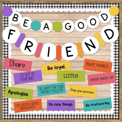 Show students all the ways to be a good friend with this friendship bulletin board kit. Choose from several options, including a friendship bracelet look with beads! NOTE: This is a digital download. You will not receive any physical items. This hallway or classroom decoration is easy to create using the included pieces. Just print on any color paper you choose, cut out the pieces, and hang on a board or wall! In this kit, you will get the following pieces to print out on regular 8.5 x 11 paper, Beatitude Bulletin Board, Ways To Be A Good Friend, Friendship Bulletin Boards, Wisdom Bulletin Board Ideas, Friendship Classroom Door, Pbis Bulletin Boards Elementary, Empathy Bulletin Board Ideas, Friendship Bulletin Board Ideas, Motivational Bulletin Boards Elementary