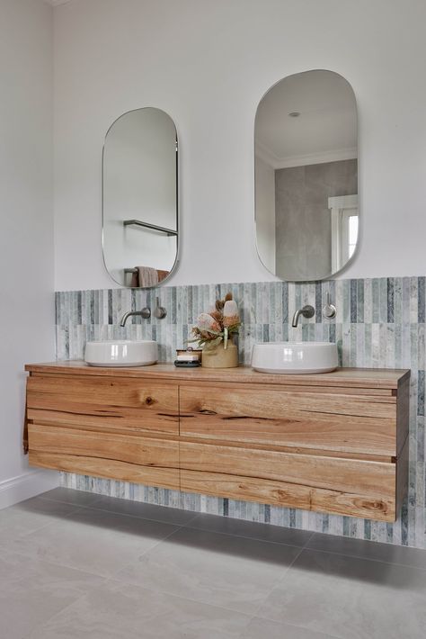 The Block 2024: Top Bathroom Trends to Watch for on Phillip Island Vanity Splashback, The Block 2022, Timber Bathroom, Timber Bathroom Vanities, Double Shower Heads, Bathroom Splashback, Ensuite Design, Timber Vanity, Shower Together