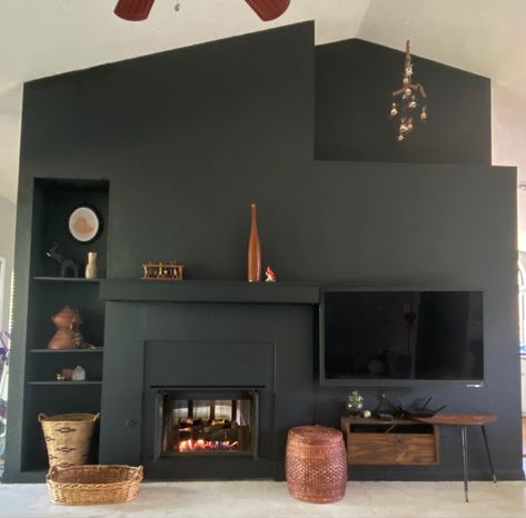 Cracked Pepper Fireplace, Black Fireplace Beige Walls, Black Tv Wall With Fireplace, Glossy Black Fireplace, Black Fireplace With Shelves On Side, Moodywall With Electric Fireplace, Black Tv Wall, Painting Inside Fireplace Black, Black Fireplace Wsll