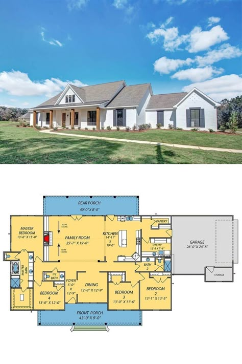 Single Story House Layout, Simple Ranch House Plans With Basement, Open Floor Plan 4 Bedroom One Story, 2600 Sq Ft House Plans Open One Story, Farmhouse Plans 1 Story, Home Blueprints Floor Plans 4 Bedrooms, 4 Bedroom House Plans Open Floor With Basement, 4 Bed Single Story House Plans, Farm House Plans One Story Open Floor 4 Bedroom