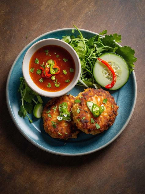 Serving Thai Fish Cakes Thai Fish Cakes, Air Fryer Fish Recipes, Thai Fish, Fish Cakes Recipe, Tuna Cakes, Recipe Web, Simple Vinaigrette, Salad Mixed Greens, Fish Cakes