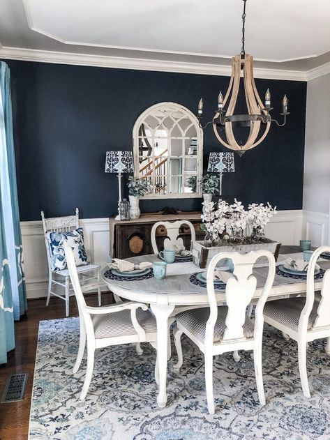 Navy paint on an accent wall brought a bold pop to my dining room transformation! #farmhouse #farmhousedecor #homedecor #decor #decoratingideas Dining Room Navy, Dining Room Transformation, Blue Dining Room, Dining Room Accent Wall, Navy Paint, Dining Room Accents, Dining Room Decorating, Dining Room Blue, Room Accent Wall