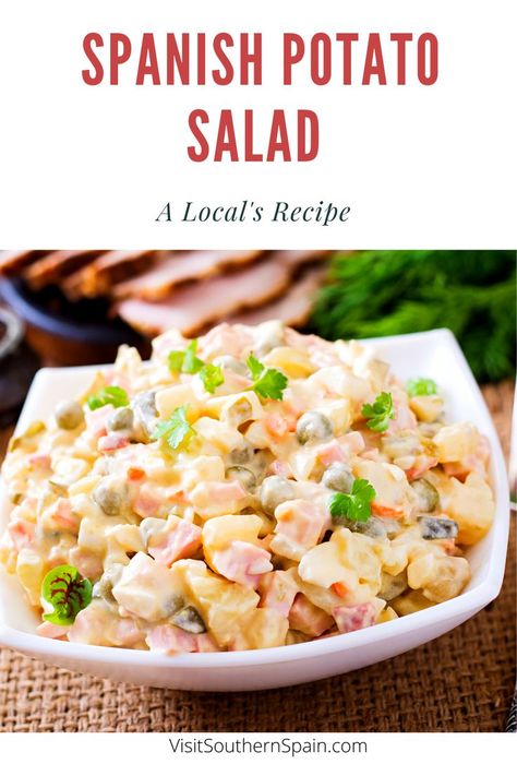 Are you looking for a Spanish Potato Salad Recipe? This Spanish salad or better known as ensaladilla rusa is easy to make and incredibly tasty. There isn't one restaurant or even supermarket that doesn't have this salad. A Sunday barbeque would be incomplete without a Spanish potato salad with tuna and it goes well with everything. Because it's both nutritious and delicious, Ensalada rusa is one of the best salads for any meal. #spanishsalad #ensaladarusa #potatosalad #spanishpotatosalad Spanish Potato Salad, Traditional Potato Salad Recipe, Spanish Salad, Traditional Potato Salad, Spanish Dessert Recipes, Authentic Spanish Recipes, Salad With Tuna, Easy Spanish Recipes, Best Salads