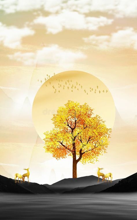 Landscape Mural Wallpaper, Canvas Art Landscape, Christmas Yellow, Landscape Mural, Golden Deer, Golden Tree, Yellow Tree, Deer Christmas, Photo Site