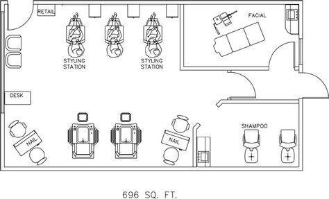 Salon Floor Plan Design Layout - 696 Square Feet Beauty Salon Floor Plan, Salon Layout Ideas Floor Plans, Floor Plan Design Layout, Salon Floor Plan, Shop Floor Plan, Small Salon, Hair Salon Design, Hair Salon Interior, Salon Suites Decor