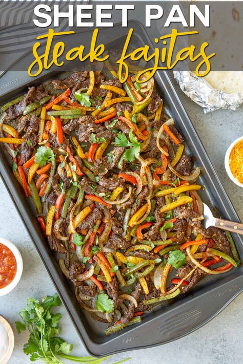 Leftover Fajita Steak Recipes, Healthy Beef Fajita Recipe, Sheet Pan Skirt Steak Fajitas, Steak Fajita Burrito Recipe, One Sheet Pan Meals Steak, Keto Fajitas Steak, Healthy Steak Fajita Recipe, Flank Steak Fajitas Oven, Oven Baked Steak Fajitas