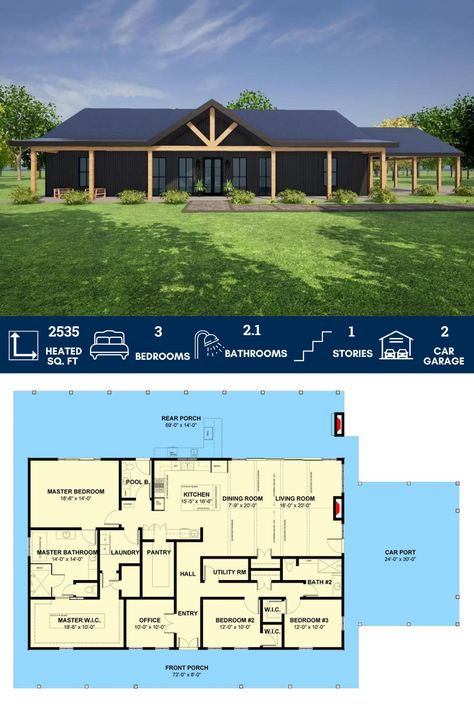 3 Bed Barndo-Style Home Plan with Oversized Wrap Around Porch House Wrap Around Porch, Multigenerational House Plans, Barn House Interior, Steel Building Homes, Barn Homes Floor Plans, Barndominium Plans, Basement House Plans, Farmhouse Floor Plans, Barn Style House Plans