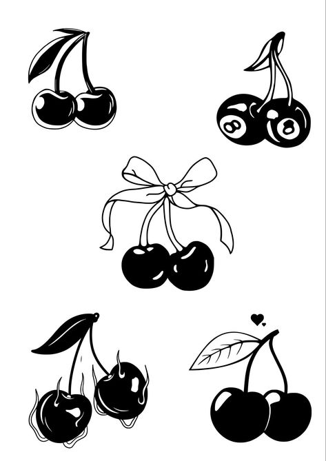 Receive SVG designs for mini tattoos ideal for arms, hands and fingers. It has a variety of cherry drawings. If you are interested in a custom design, do not hesitate to write. Resale of this design is not permitted. 3 Cherries Tattoo, Mini Tattoos Black, Mini Tattoos On Arm, Black Cherry Tattoo Design, Flash Tattoo Designs Ideas, Iced Tea Tattoo, Mini Tatooes Idea, Mini Cherry Tattoo, Cherry Tattoo Ideas