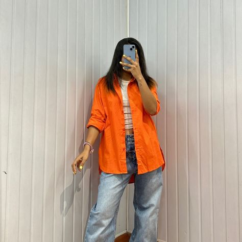 Orange Oversized Shirt sold❌ Bust - Upto 40 Length- 31 Price - ₹450 Free Shipping Dm to book Orange Oversized Shirt, Oversized Shirt, Orange, Free Shipping, Quick Saves