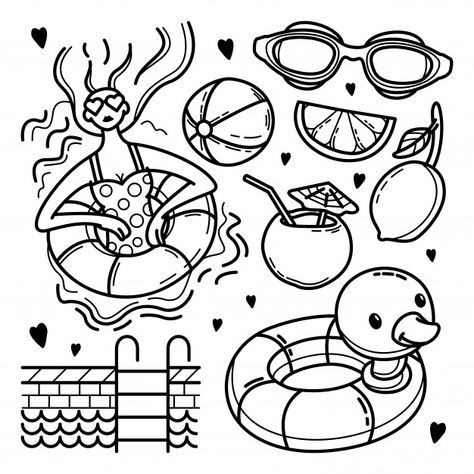 Hand drawn swimming pool doodle set | Premium Vector #Freepik #vector #water Swimming Doodle Art, Pool Float Doodle, Pool Illustration Art, Pool Doodle Drawings, Pool Drawing Simple, Swimming Doodle, Water Doodles, Swim Drawing, Swimming Pool Drawing