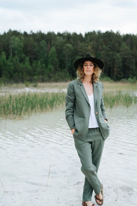 Linen Blazer Outfit Women, Green Suit Women, Linen Suits Women, Bare Shoulder Dress, Green Linen Pants, Blazer Linen, Wedding Outfits For Women, Women Suits Wedding, Suit Green