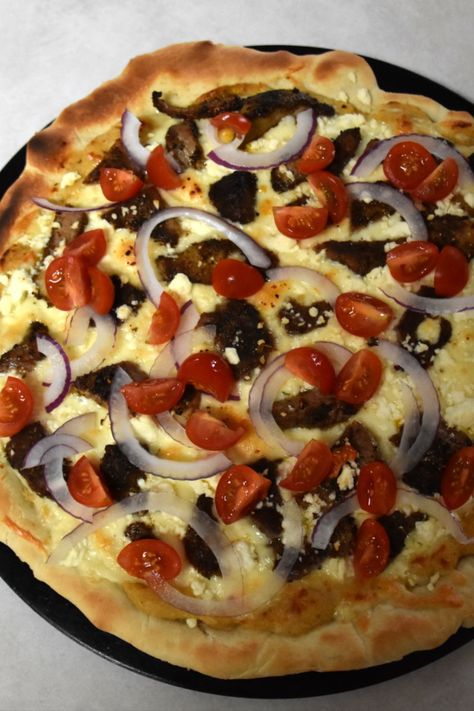 Got some leftover gyros meat from your last cookout? Use it to make this Greek-inspired pizza. Gyros meat: https://www.cookingwithdoyle.com/2021/07/gyros.html Gyros Meat, Greek Gyros, Meat Recipes, Main Dishes, Pizza, At Home, Meat, Pizzas