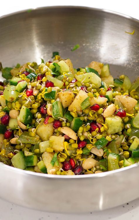 Sprout Salad Recipe Sprouted Moong Dal Recipe, Moong Dal Sprouts Recipes, Moong Sprouts Salad, Moong Salad Recipe, Sprouted Moong Salad, Sprouted Moong Recipe, Sprouts Snacks, Moong Sprouts Recipes, Healthy Indian Recipes Vegetarian