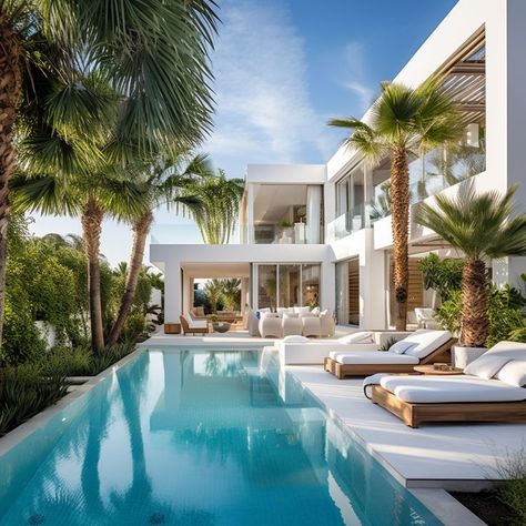 Bali Beach House, White Beach House, Bali Architecture, Tropical Beach Houses, White Exterior Houses, Luxury Exterior, Luxury Beach House, Beach House Exterior, Pool Landscape Design