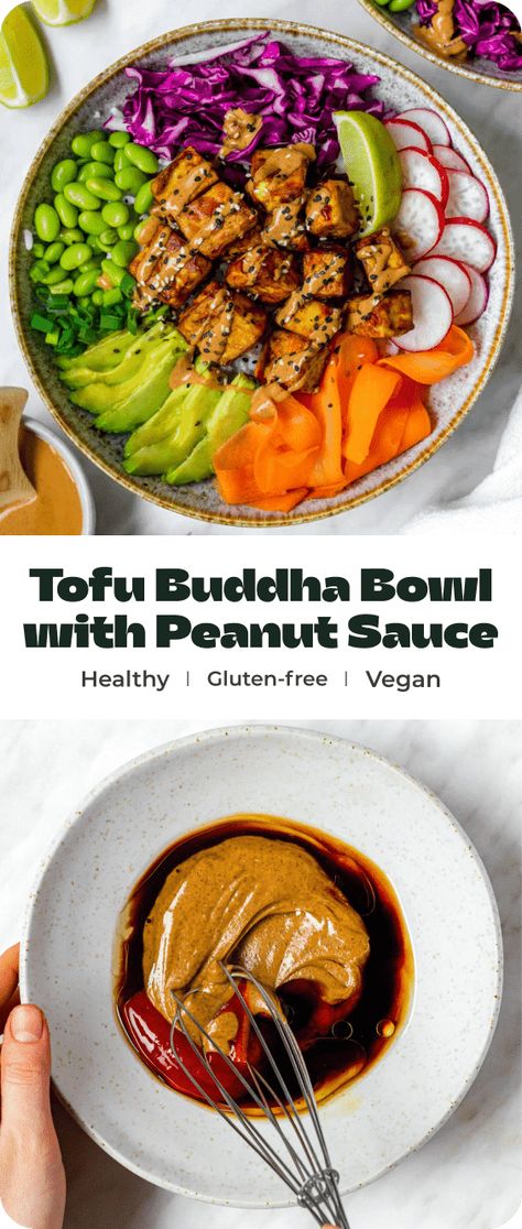 Tofu Lunch Ideas For Work, Vegan Buddha Bowl Recipes, Tofu Buddha Bowl, Buddha Bowl Recipe, Tofu Rice, Rice Avocado, Healthy Bowls Recipes, Peanut Butter Sauce, Power Bowls