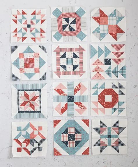 Red White and Blue quilt blocks from 2023 Riley Blake Quilt Block Sampler Riley Blake Quilt, Diary Of A Quilter, 2023 Crafts, Picnic Quilt, Sampler Quilts, Summer Sewing, Quilt Tutorial, Sampler Quilt, Quilt Block Tutorial