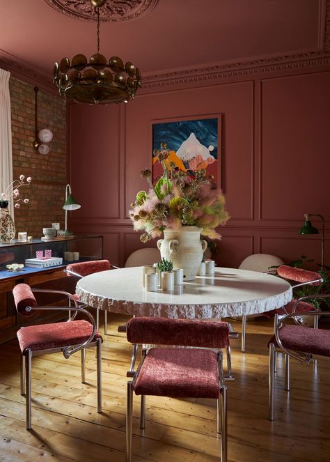 Checking in: Margate House is a celebration of pink in one of the trendiest towns in England | House & Garden Brick Chimney Breast, Pink Dining Room, French Pleat Curtains, Pink Interiors, England House, Pink Velvet Sofa, Terrace Building, Small Boutique Hotels, Sarah Sherman