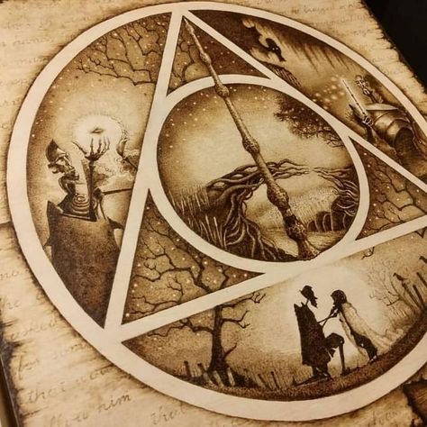 Birch.Moon.Designs (@birch.moon.designs) • Instagram photos and videos Tale Of Three Brothers, Wood Burning Patterns Stencil, Brothers Art, Parchment Background, Flower Tattoo Back, Moon Designs, Harry Potter Tattoos, Harry Potter Artwork, Harry Potter Drawings