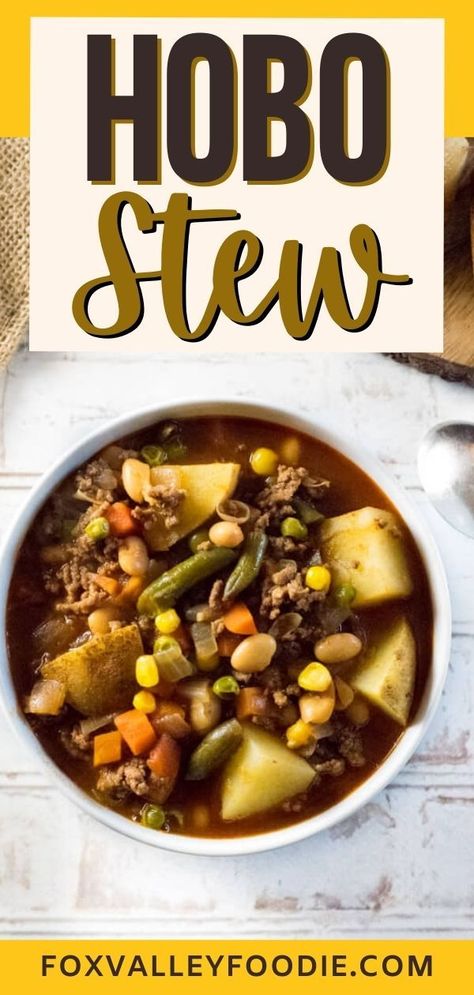 Hobo stew is an inexpensive and flavorful soup that is easily customized to fit anyone's taste. Soups and stews don't have to be expensive and time-consuming to be delicious. This easy recipe comes together quickly and is enjoyed around campfires by scout troops and in family kitchens for everyday dinners. Hobo Stew Crockpot, Hobo Soup Recipes, Soups Over Campfire, Camp Soup Recipe, Camp Fire Stew, Campfire Soups And Stews, Hobo Stew Camping, Camping Soups And Stews, Camping Soup Recipes