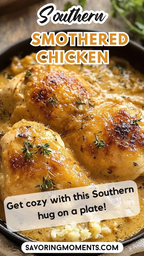 Tender chicken thighs simmered in a rich, creamy gravy with onions and garlic, creating a mouthwatering Southern classic. Comfort food at its best, perfect for family dinners or cozy nights in. Craving something new? Get the recipe here. #southernchicken #comfortfood #smotheredchicken #chickenrecipe #southernrecipes #homemadegravy #easychickenrecipes #chickendinner #weeknightmeals #soulfood Southern Casserole Recipes, Smothered Fried Chicken, Southern Dinner Ideas, Southern Smothered Chicken, Southern Cooking Soul Food, Southern Foods, Smothered Chicken Recipes, Cooking Soul Food, Southern Chicken