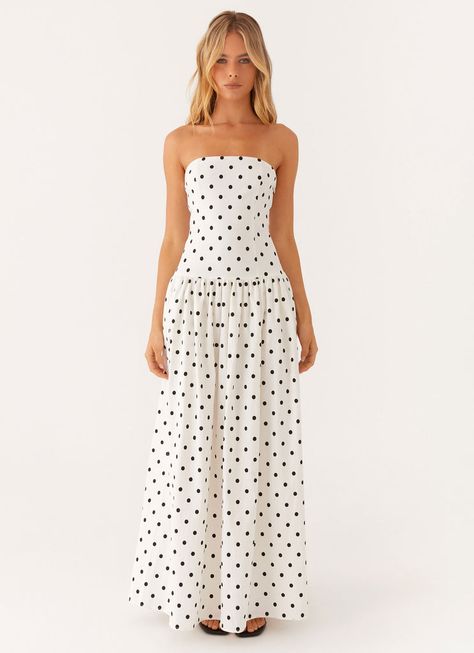 Andorra Maxi Dress - White Polkadot – Peppermayo US Strapless Polka Dot Dress, Peppermint Wide Strap Maxi Dress, Spring Dresses Long Sleeve, Vacation Outfit Board, White Maxi Formal Dress, Strapless Maxi Dress Casual, White Italian Dress, Grad Dress Inspo White, White Dress With Black Polka Dots