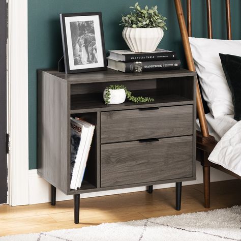 Free 2-day shipping. Buy Manor Park Modern Nightstand with Drawers and Shelves, Slate Grey at Walmart.com Lincoln Nightstand, Nightstand With Drawers, Drawers And Shelves, Cubby Storage, Walker Edison, Cord Management, Drawer Shelves, 2 Drawer Nightstand, Modern Nightstand