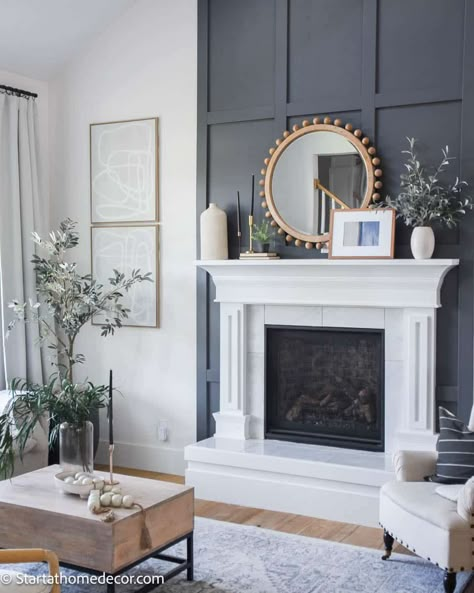 Fireplace Wall Trim Ideas Moldings, Trim Above Fireplace Mantle, Wood Wall Above Fireplace, Molding Above Fireplace Mantel, Panel Above Fireplace, Fireplace Mantle Accent Wall, Fireplace Panelling Ideas, Black Wainscoting Fireplace Wall, Modern Wainscoting Ideas Living Room Fireplace