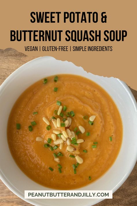 This creamy Vegan Sweet Potato & Butternut Squash Soup is delicious and full of flavor! It's so simple to make and super healthy. This is a vegan soup recipe that is perfect to warm you up in fall when squash is in season. Top it off with chives and toasted nuts for a nice crunch! Potato Butternut Squash Soup, Vegan Squash Soup, Vegan Squash, Vegan Butternut Squash Soup, Gluten Free Lunch, Vegan Soup Recipes, Vegan Sweet Potato, Healthy Fall, Vegan Eats