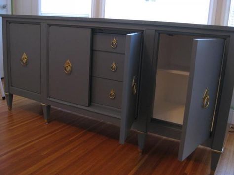 This is gorgeous too!  You should see the "befores!" Painted Credenza, Credenza Makeover, 1940s Bungalow, Bungalow Decor, Few Highlights, Credenza Design, Wood Repair, Sideboard Grey, Apartment Makeover